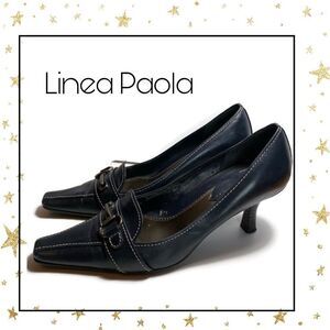Linea Paola Navy Leather Pointed Toe Heels 6.5